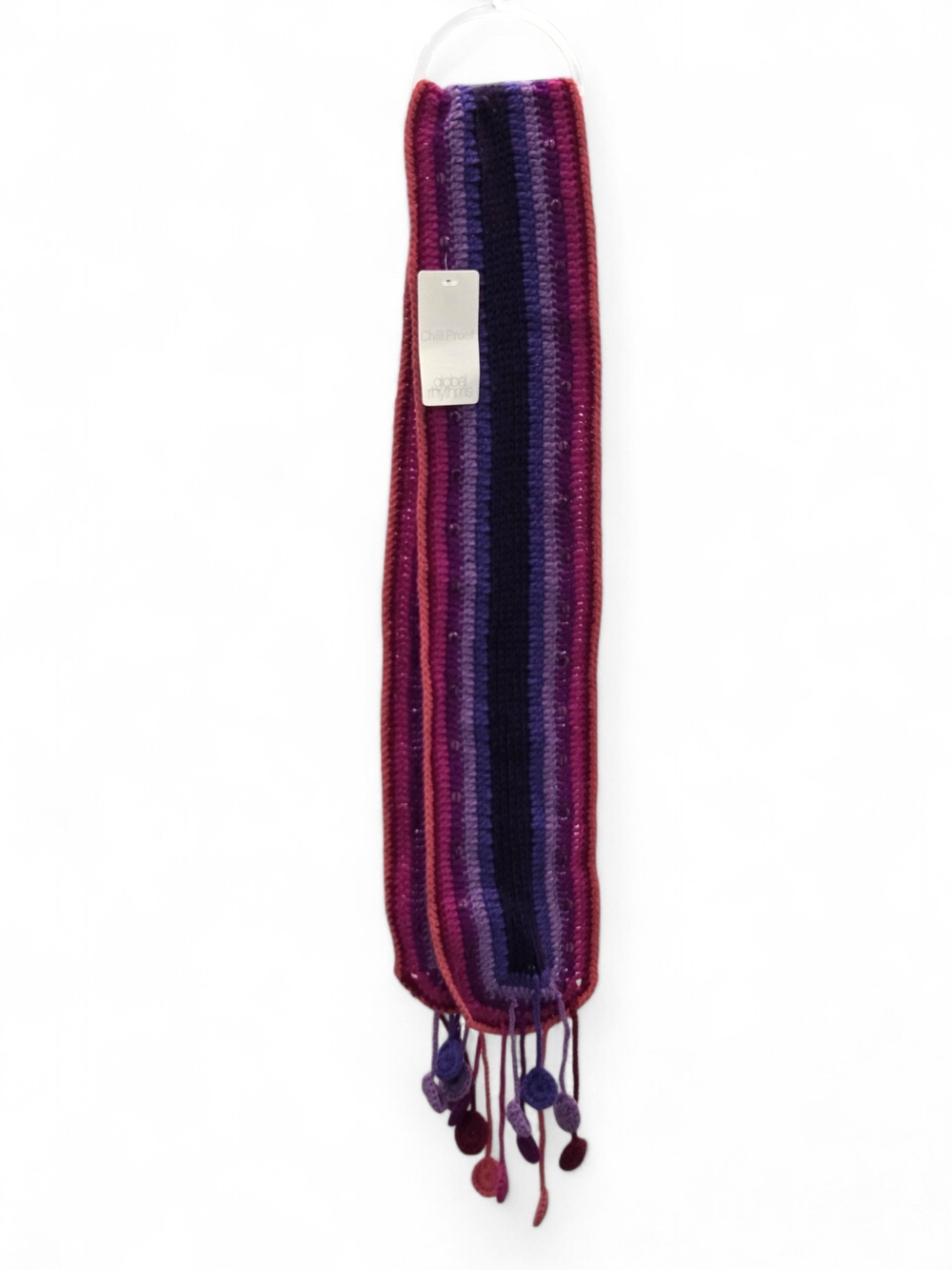 Vtg 2005 Y2K Striped Crochet Scarf Sequins Fringe Tassels Boho Indie Deadstock - Picture 3 of 12